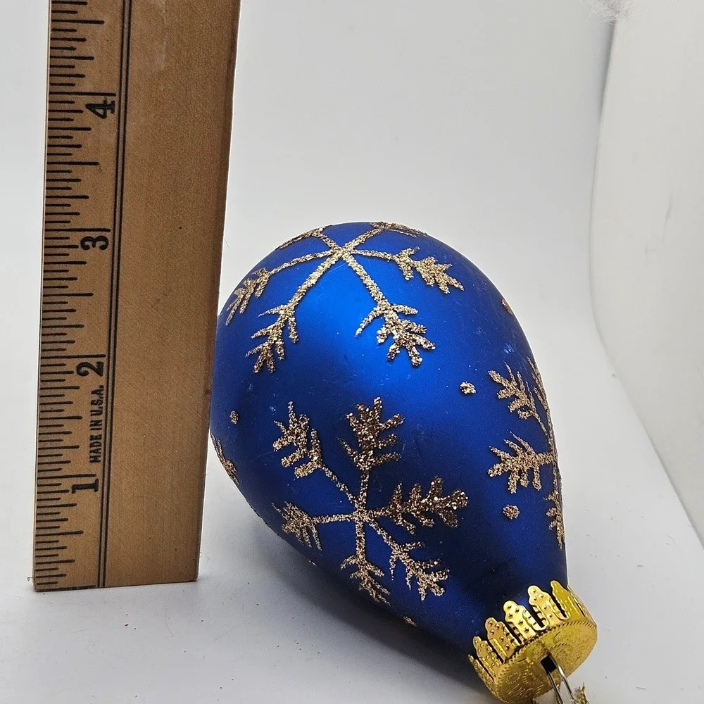 Vintage Blue Glass Teardrop Christmas Ornament Gold Glitter Snowflake Holiday